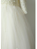 Pearl Beaded Champagne Tulle Floor Length Flower Girl Dress